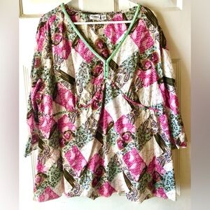 Cato Pink Brown Green Floral Paisley Boho Print 100% Cotton Blouse Size 18W 20W